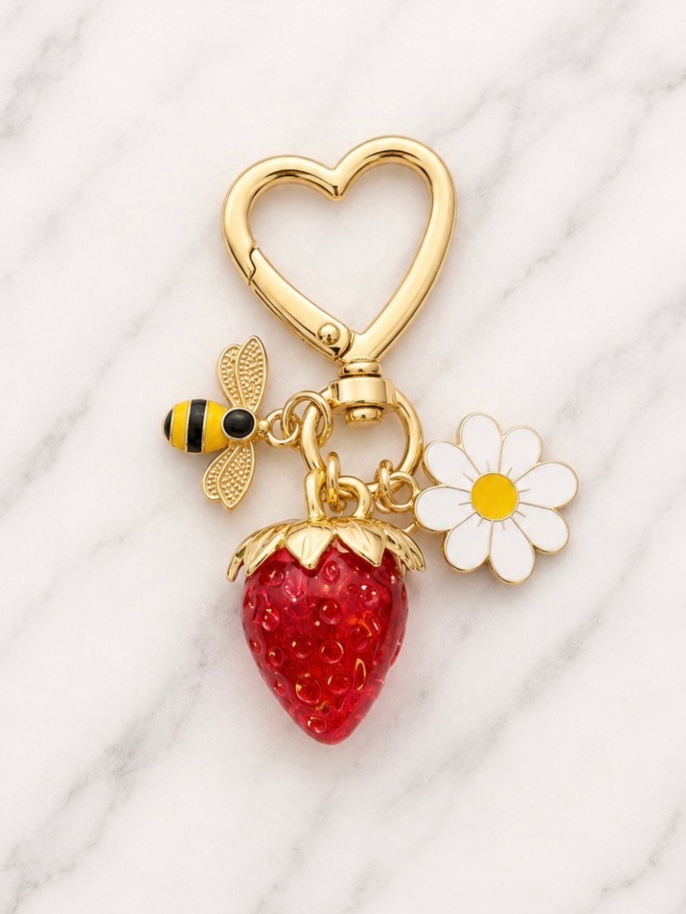 Bag Charm/Keyring-Strawberry with bee and Flower Charms-Gold Hardware